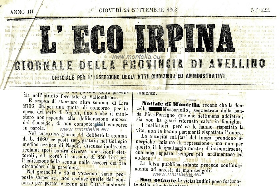 1868 24 settembre Eco Dell irpinia Montella CANC